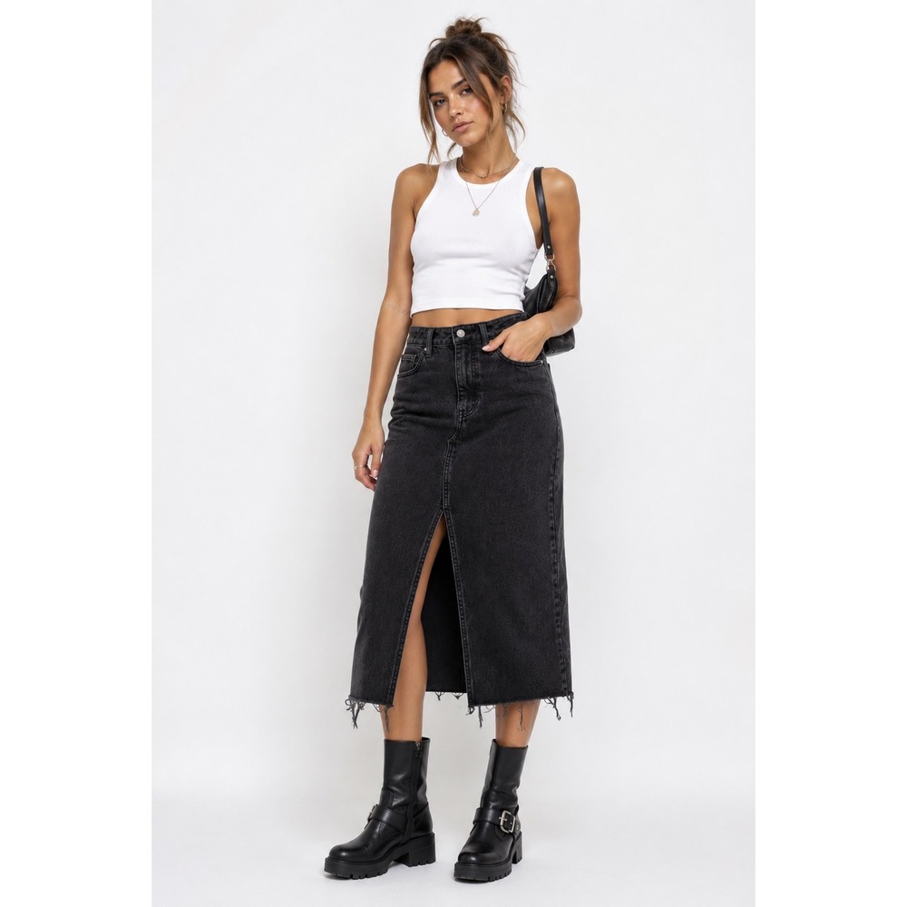 PacSun Denim Midi Skirt 24 Washed Black High Waisted Frayed Hem Slit